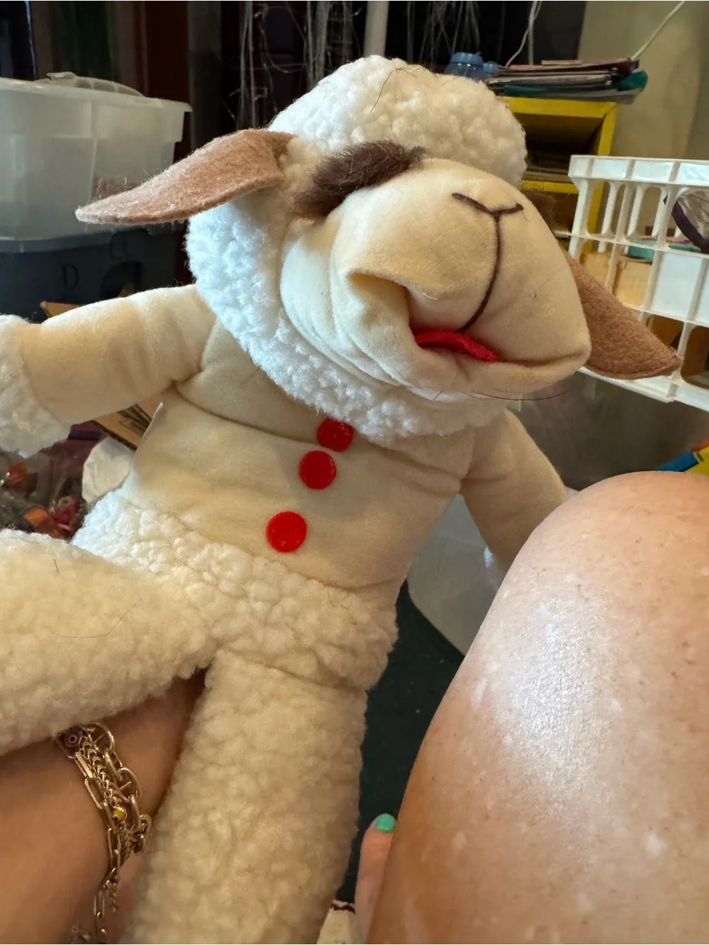 Plush Lamb chop puppet Toy in Cream with Red Accents